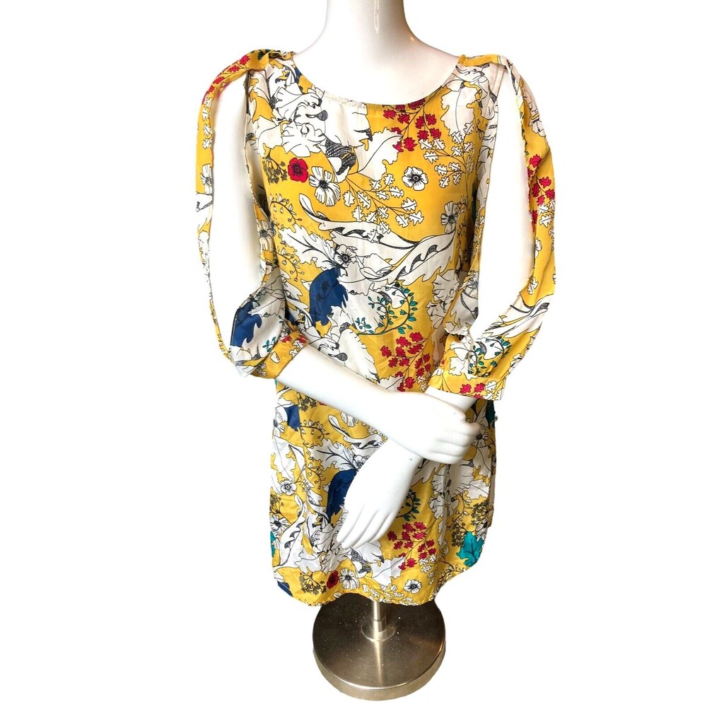 Indie boho dress M Asian inspired floral print peek-a-boo arms romantic